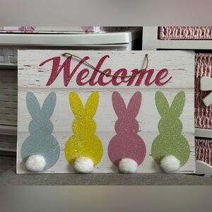 Welcome Glitter Easter Bunny Distressed Door Sign